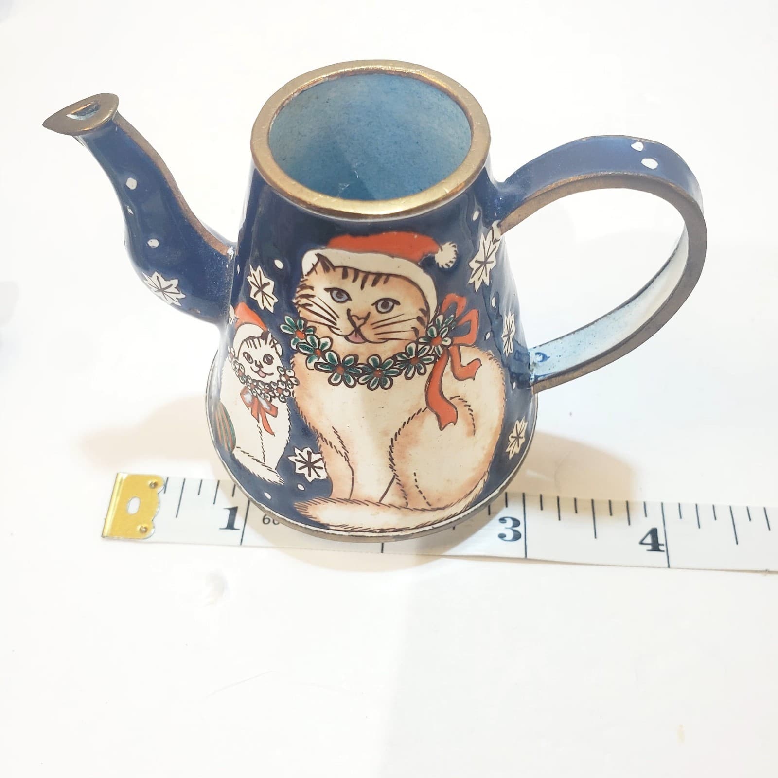 Vtg Multicolor Enamel Metal Miniature Decorative Teapot W/ Cat Kitten Santa Hat - Thumbnail 8