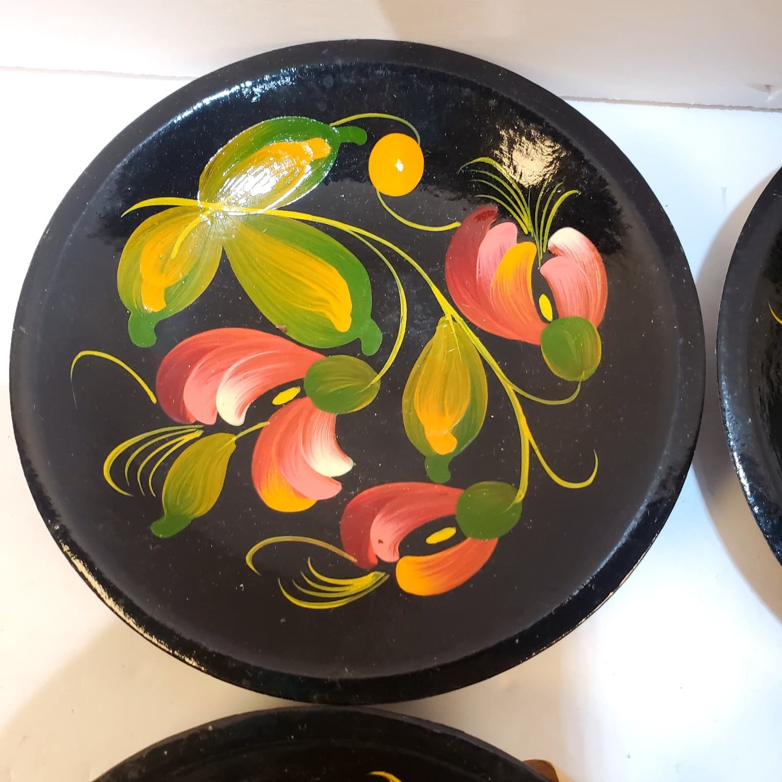 Set of 4 Vtg Ukrainian Folk Art Handpainted Wooden Mini Wall Plates Petrykivka - Thumbnail 4