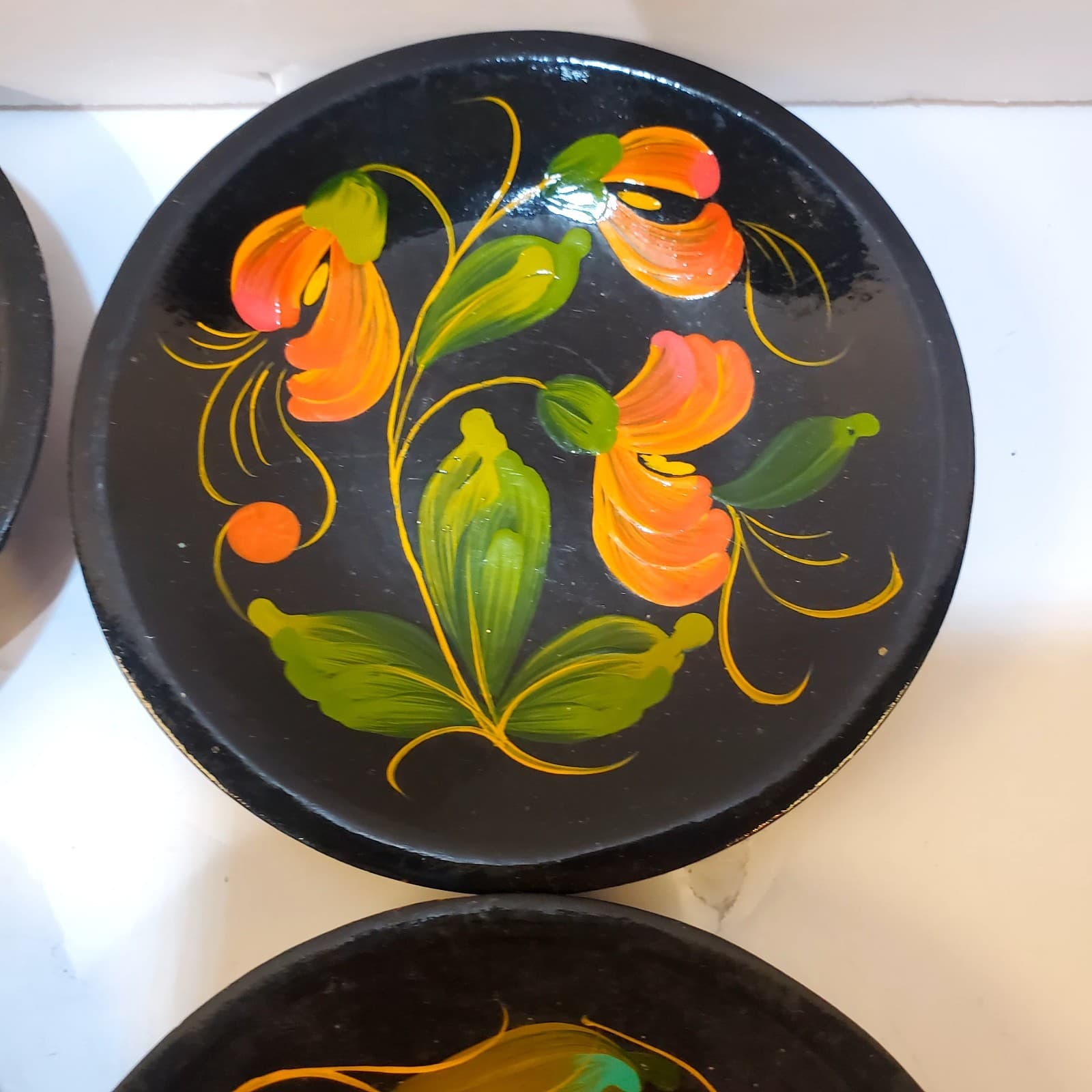 Set of 4 Vtg Ukrainian Folk Art Handpainted Wooden Mini Wall Plates Petrykivka - Thumbnail 3