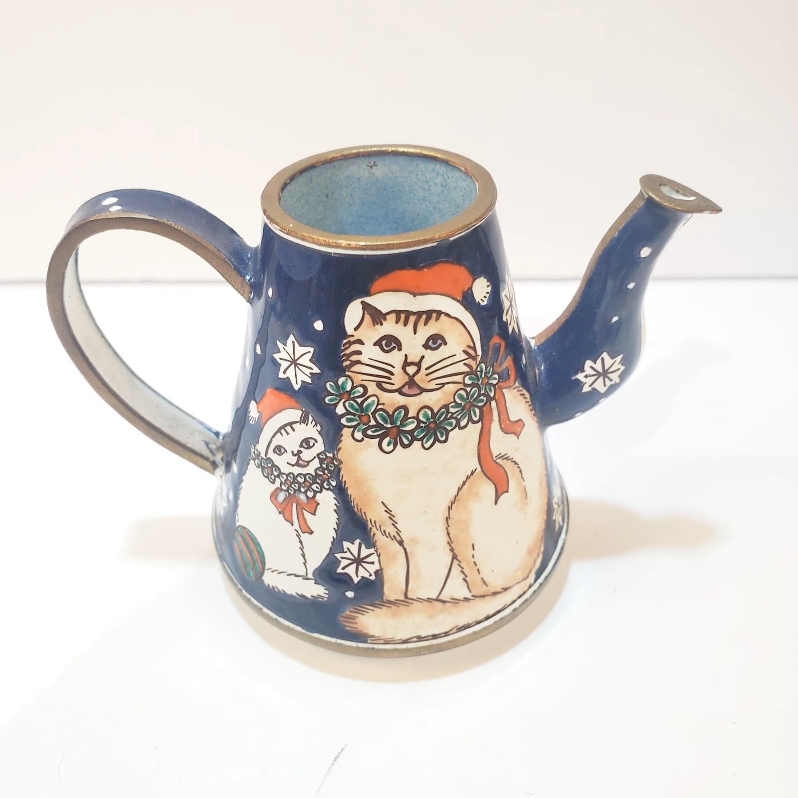 Vtg Multicolor Enamel Metal Miniature Decorative Teapot W/ Cat Kitten Santa Hat - Thumbnail 3