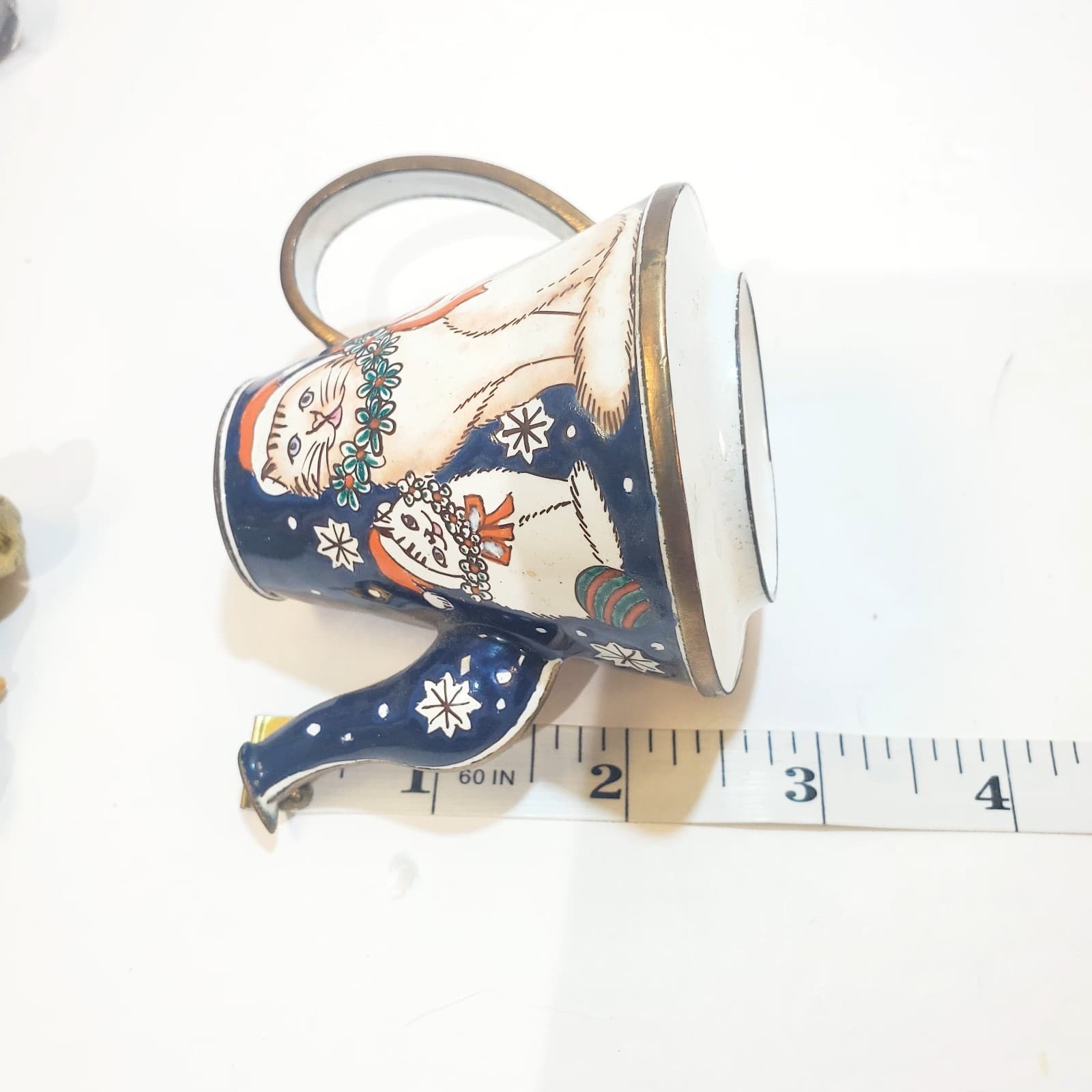Vtg Multicolor Enamel Metal Miniature Decorative Teapot W/ Cat Kitten Santa Hat - Thumbnail 7