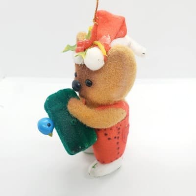 Vintage Flocked Koala Bear Holly Hat w/ Present Bluebird Christmas Ornament - Thumbnail 2