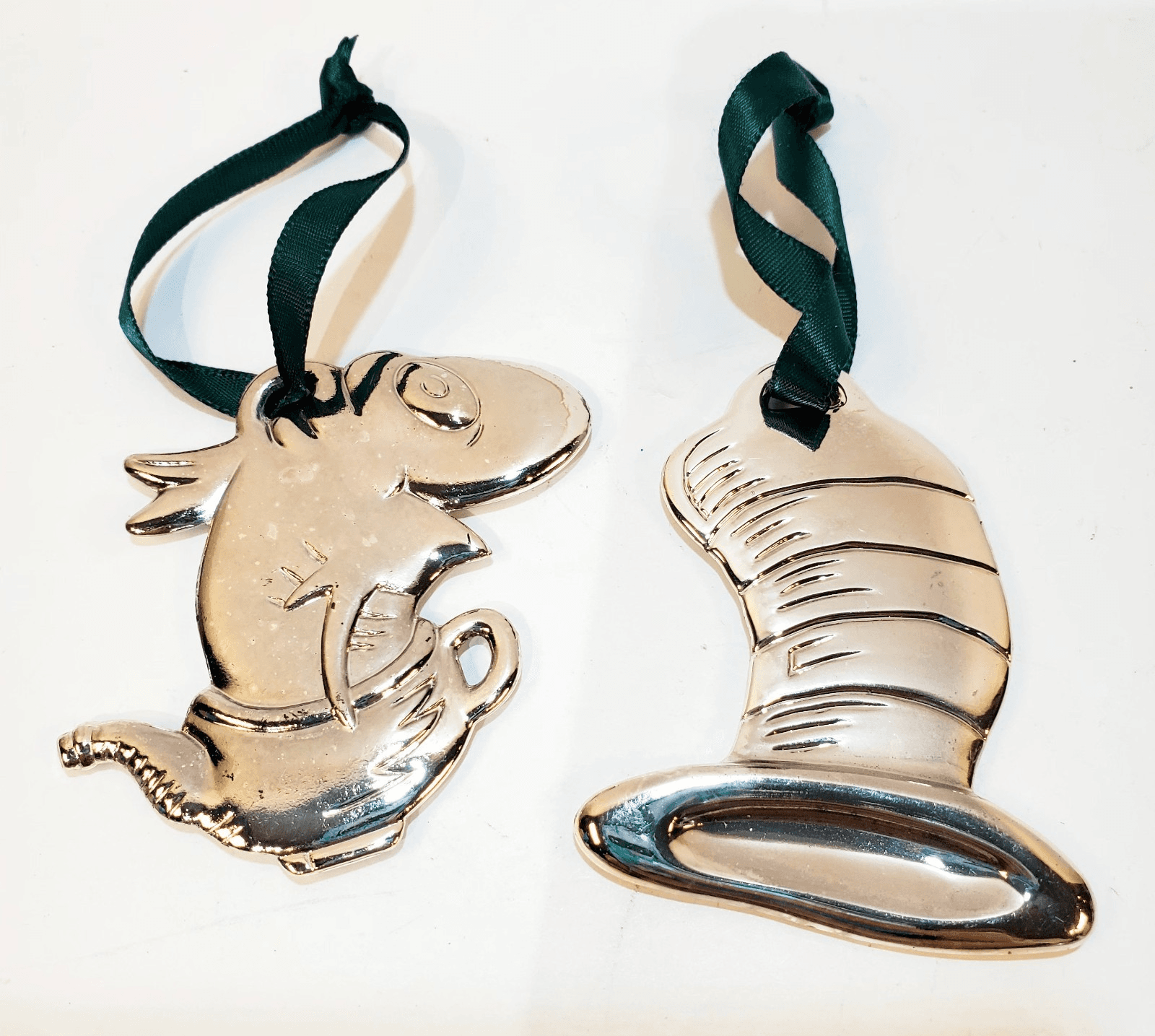 2 Dr. Seuss Cat in the Hat Movie Silver Tone Metal Christmas Tree Ornaments