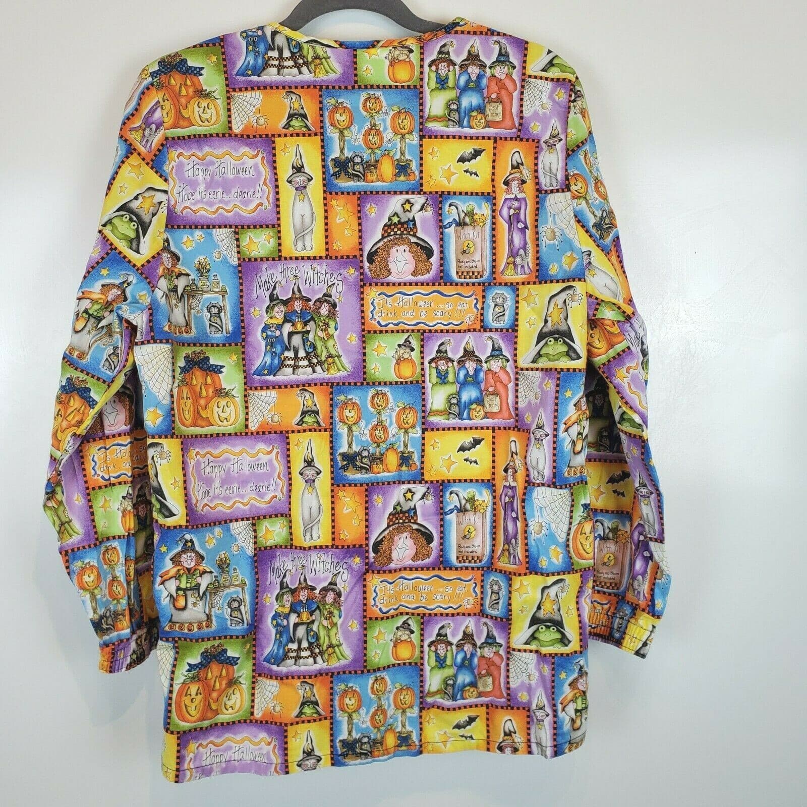 Scrubs Scrub Top Halloween LS Long Sleeves Sleeve Witch Cat Pumpkin Sz Small - Thumbnail 5