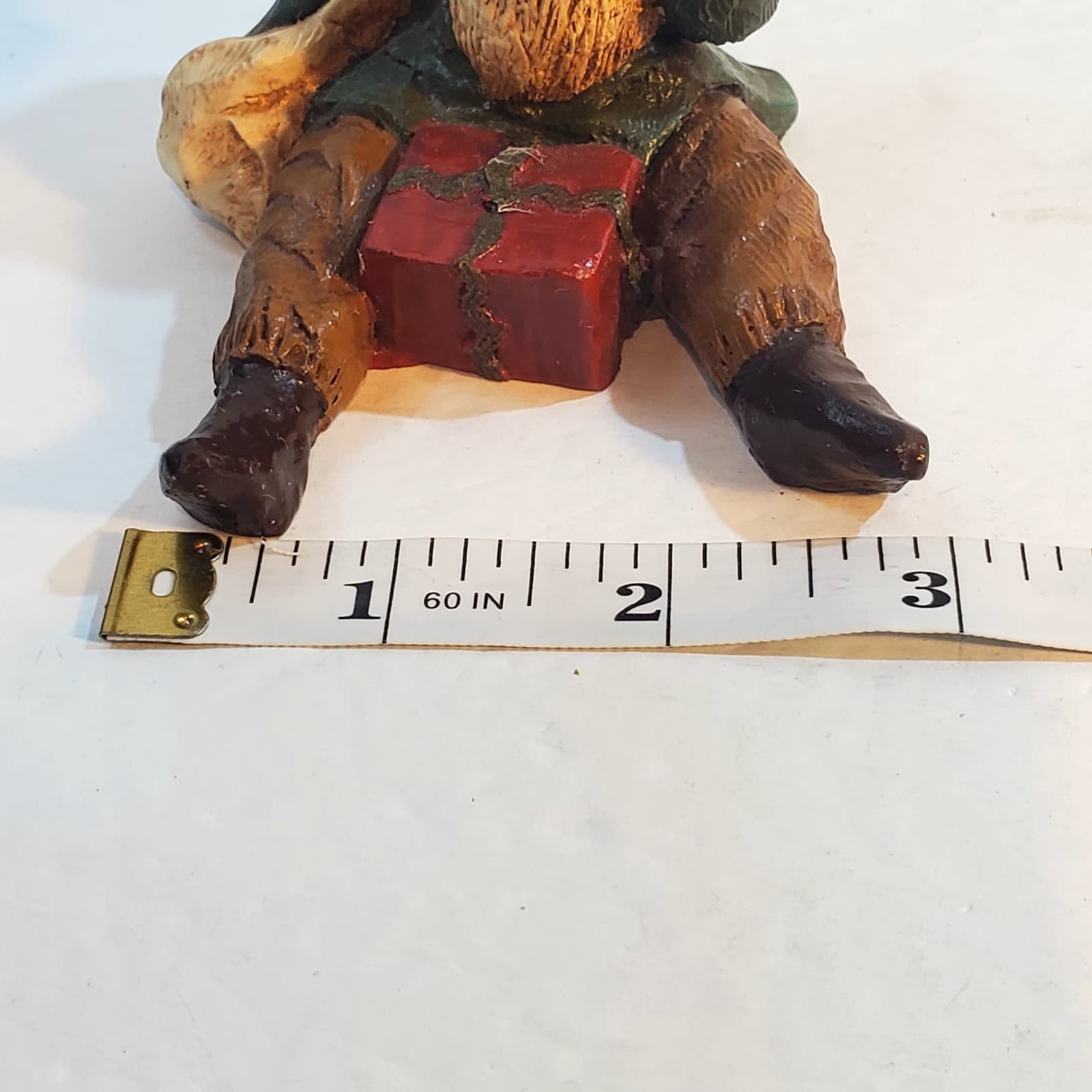 Vintage 1980's Wood Resin Christmas Elf Gnome with Present Gift Figurine 4" tall - Thumbnail 7