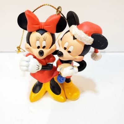 Disney Santa Mickey Mouse Holding Blue Mickey Head Ornament w/ Minnie Mouse