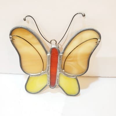 Vintage Handmade Stained Glass Hanging Butterfly Sun Catcher Ornament 3.25 Inch