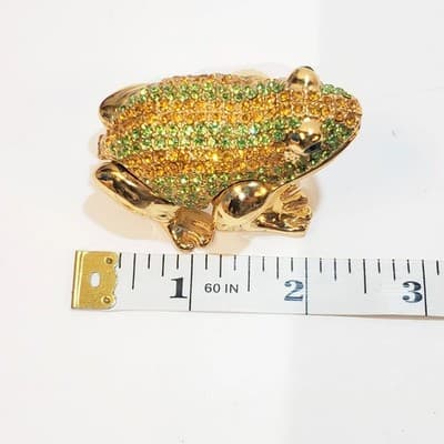 Gold Tone Metal Enamel and Rhinestone Bejeweled Frog Trinket Box Green and Gold - Thumbnail 8