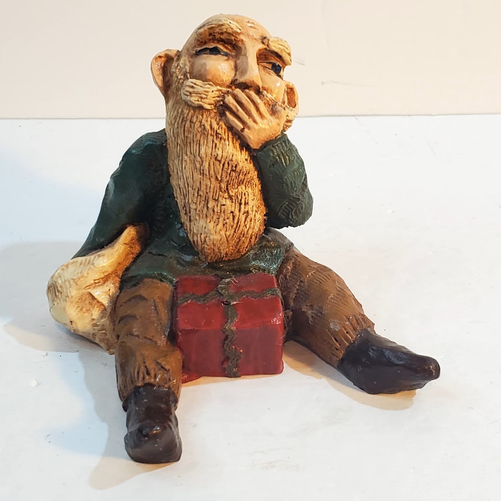 Vintage 1980's Wood Resin Christmas Elf Gnome with Present Gift Figurine 4" tall