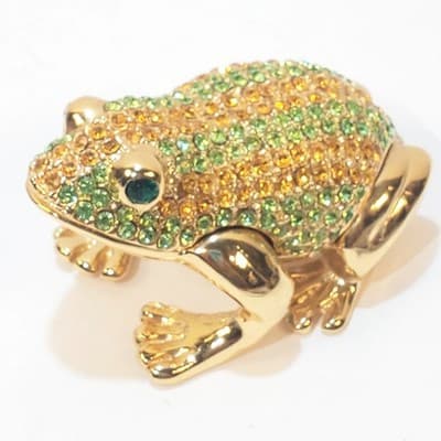 Gold Tone Metal Enamel and Rhinestone Bejeweled Frog Trinket Box Green and Gold - Thumbnail 2