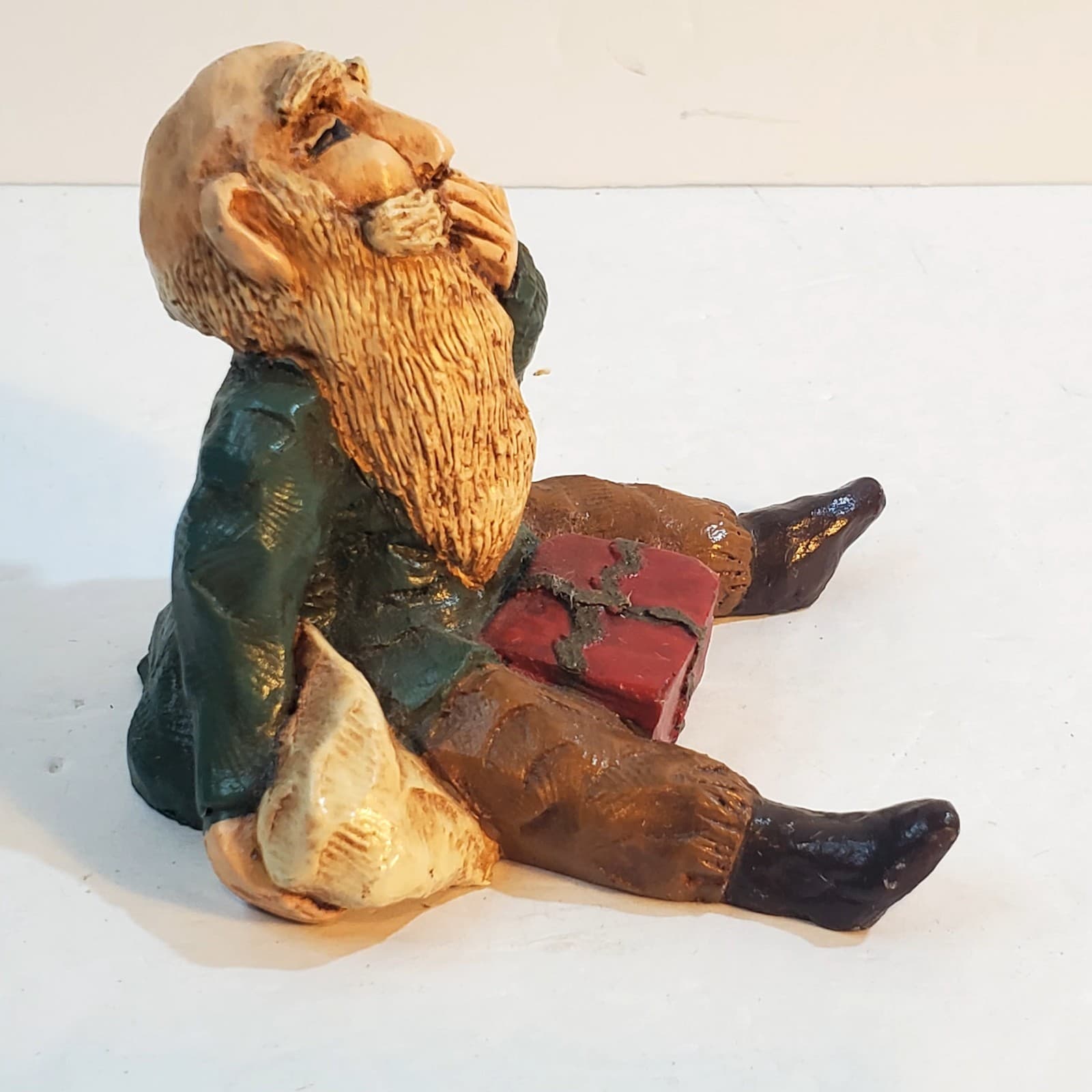Vintage 1980's Wood Resin Christmas Elf Gnome with Present Gift Figurine 4" tall - Thumbnail 2