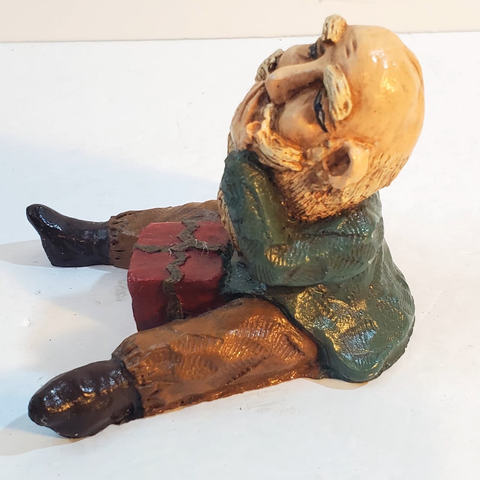 Vintage 1980's Wood Resin Christmas Elf Gnome with Present Gift Figurine 4" tall - Thumbnail 4