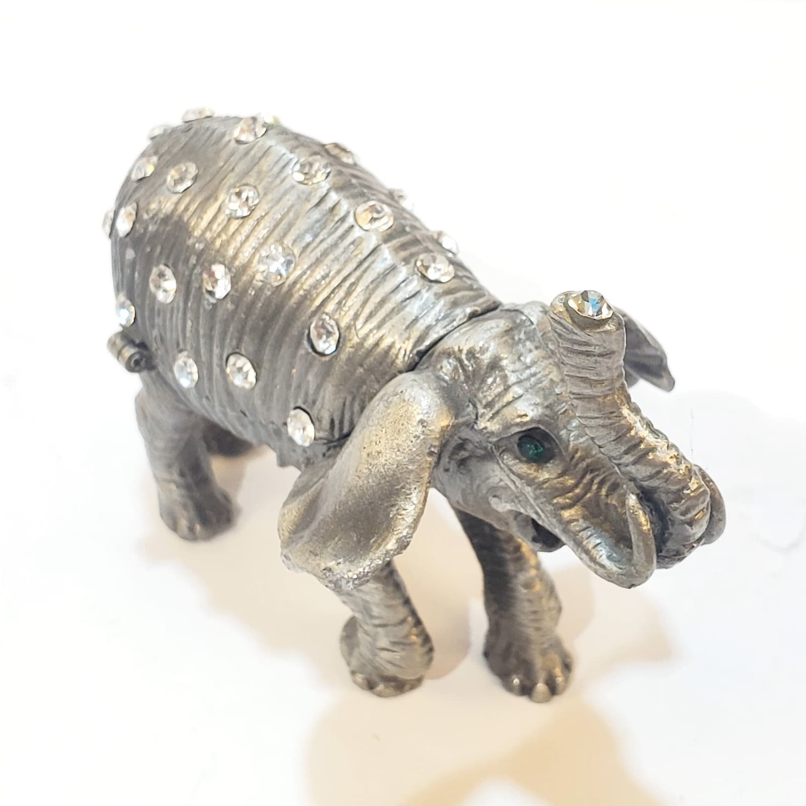 Pewter Tone Clear Rhinestone Miniature Hinged Elephant Trinket Box Magnetic - Thumbnail 3