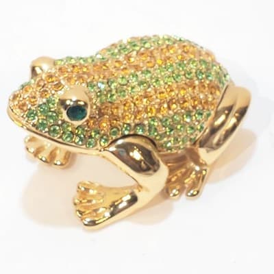Gold Tone Metal Enamel and Rhinestone Bejeweled Frog Trinket Box Green and Gold - Thumbnail 4