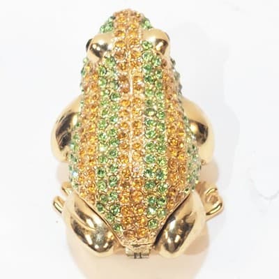Gold Tone Metal Enamel and Rhinestone Bejeweled Frog Trinket Box Green and Gold - Thumbnail 5