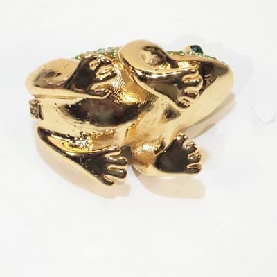 Gold Tone Metal Enamel and Rhinestone Bejeweled Frog Trinket Box Green and Gold - Thumbnail 6
