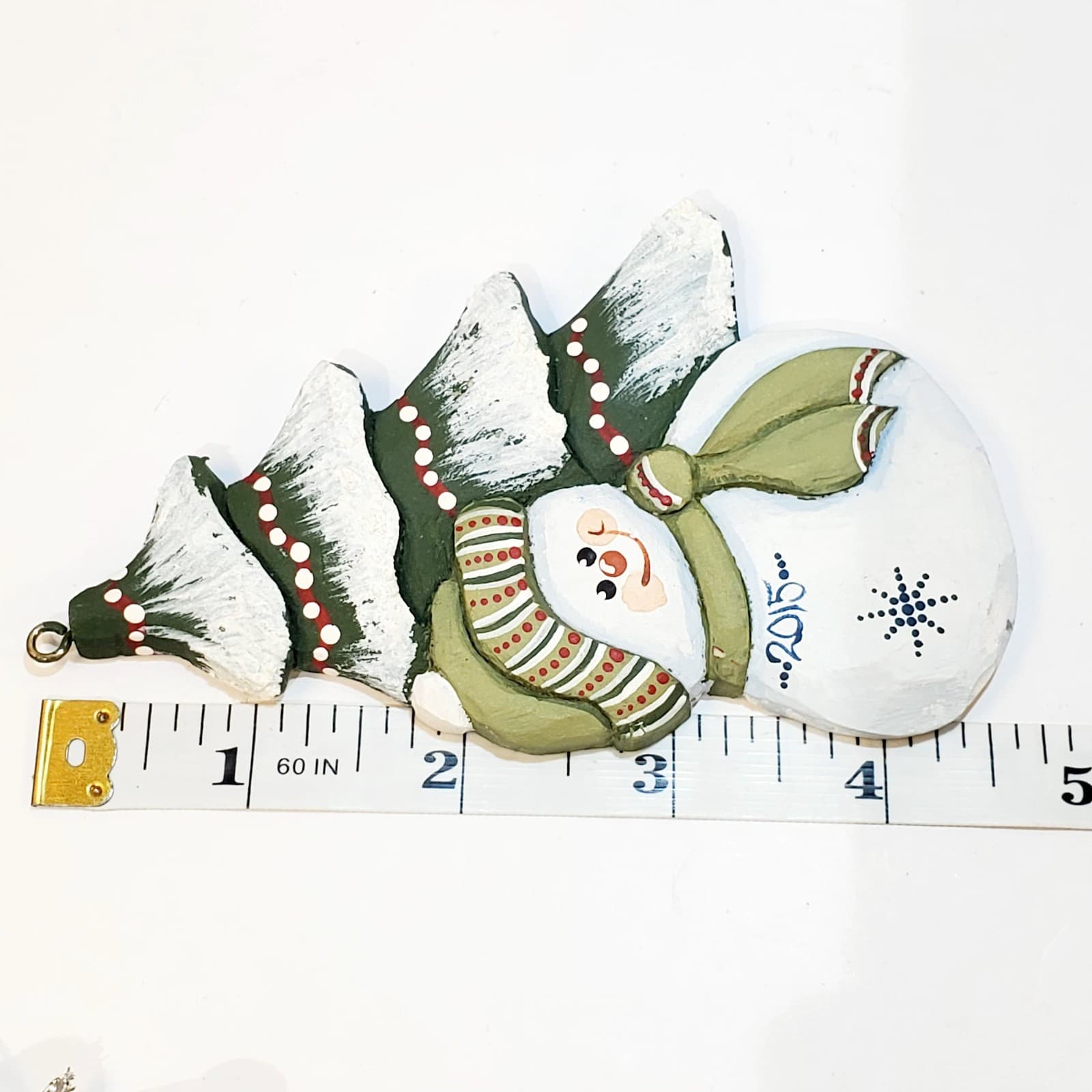 2015 Mary Bowman Christmas In The Ozarks Tree Snowman Hand Painted Wood Ornament - Thumbnail 4