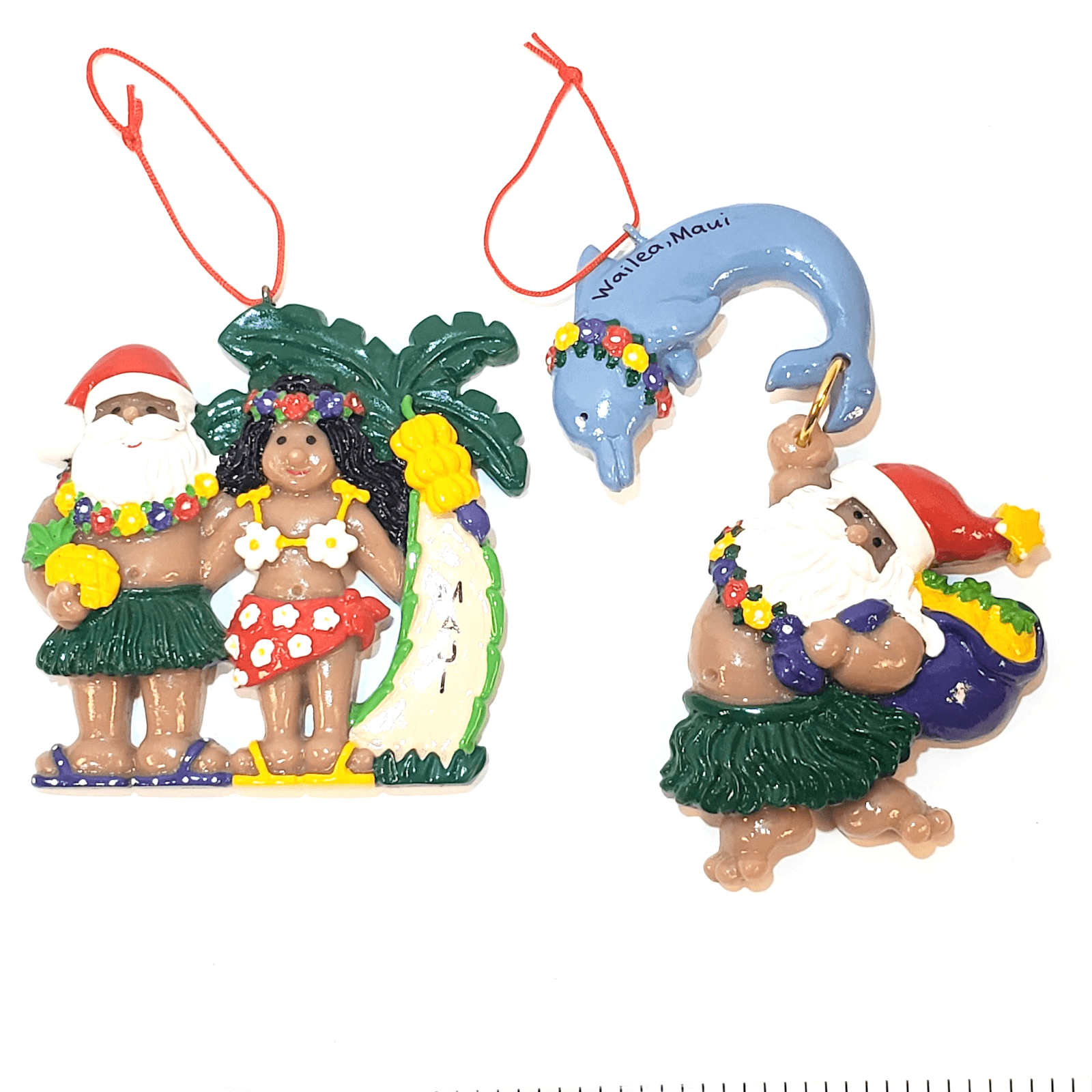 2 Vtg 2002 Joseph K & Co Maui Hawaii Christmas Ornament Santa Hula Girl Dolphin