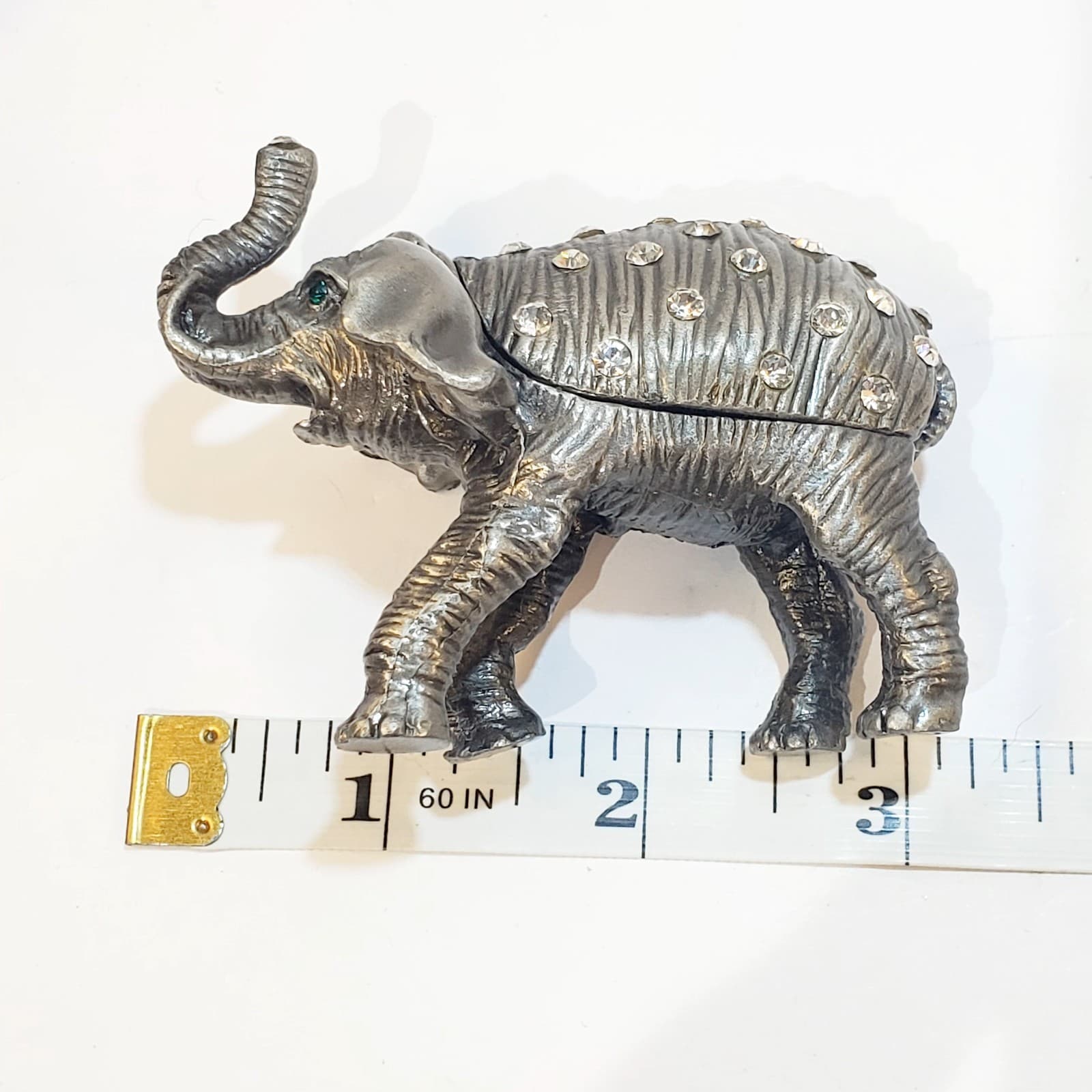 Pewter Tone Clear Rhinestone Miniature Hinged Elephant Trinket Box Magnetic - Thumbnail 7