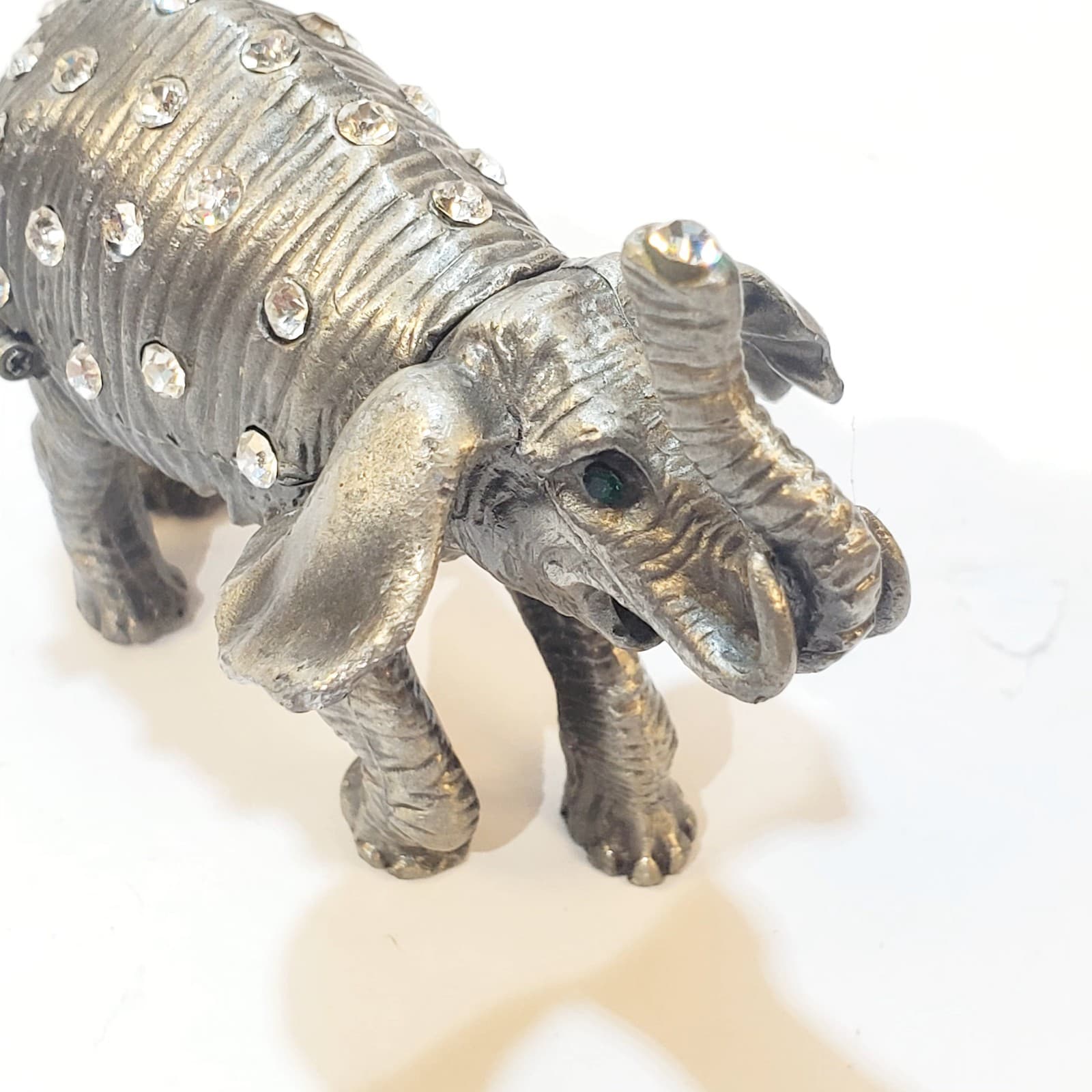Pewter Tone Clear Rhinestone Miniature Hinged Elephant Trinket Box Magnetic - Thumbnail 2