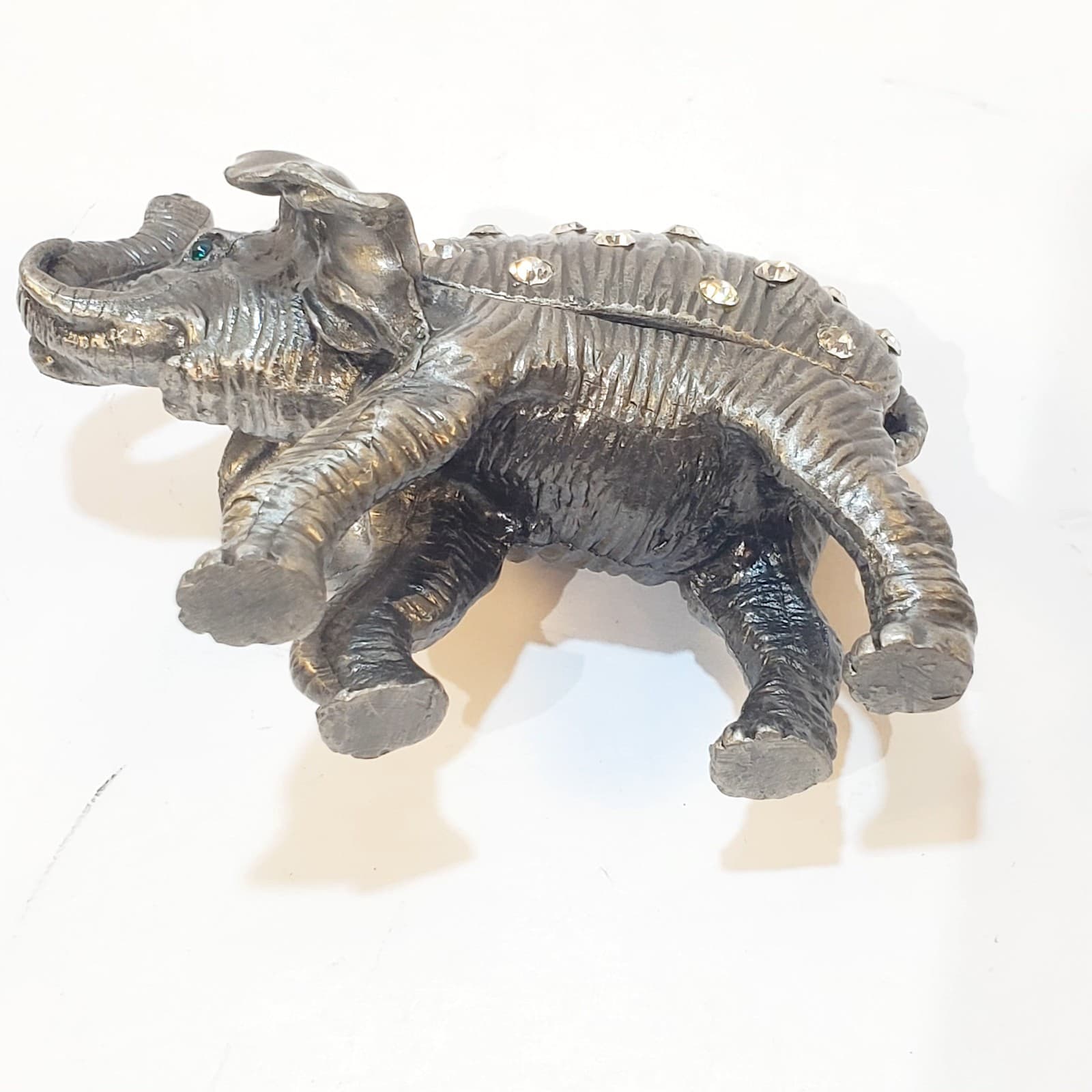 Pewter Tone Clear Rhinestone Miniature Hinged Elephant Trinket Box Magnetic - Thumbnail 6