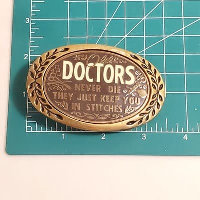 1980 Aminco Brass Belt Buckle Old Doctors Never Die Just Keep You in Stitches - Thumbnail 5
