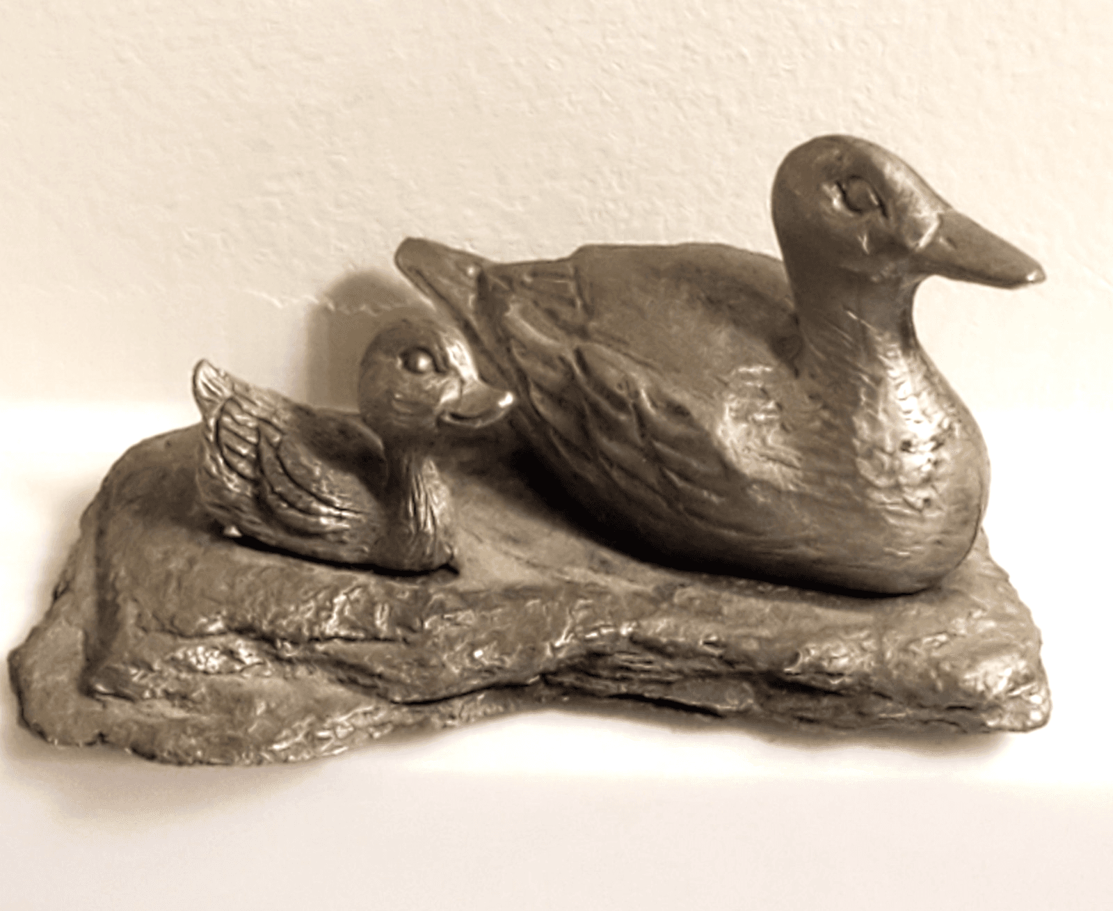 Vintage Miniature Pewter Mother Duck & Baby Duckling Mini Figurine