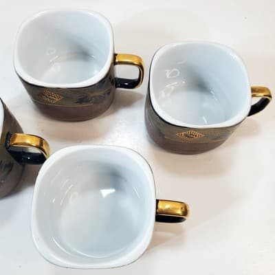 4 Vtg Alpine Cuisine Pink Gold w/Black Outlined Leaves Gold Trim Espresso Cups - Thumbnail 3