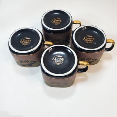 4 Vtg Alpine Cuisine Pink Gold w/Black Outlined Leaves Gold Trim Espresso Cups - Thumbnail 8