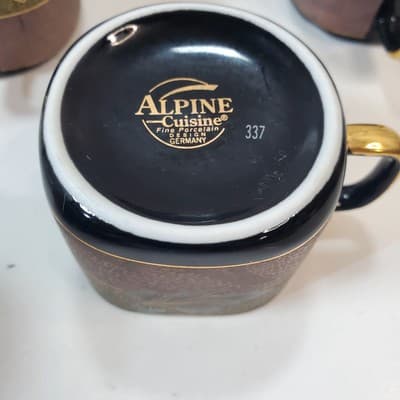 4 Vtg Alpine Cuisine Pink Gold w/Black Outlined Leaves Gold Trim Espresso Cups - Thumbnail 7