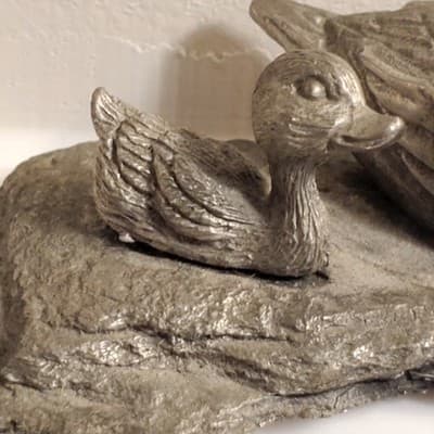 Vintage Miniature Pewter Mother Duck & Baby Duckling Mini Figurine - Thumbnail 2