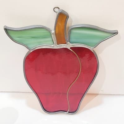 Vintage Handmade Lead Stained Glass Hanging Apple Sun Catcher Ornament 5 Inch