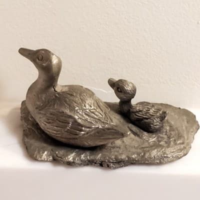 Vintage Miniature Pewter Mother Duck & Baby Duckling Mini Figurine - Thumbnail 4