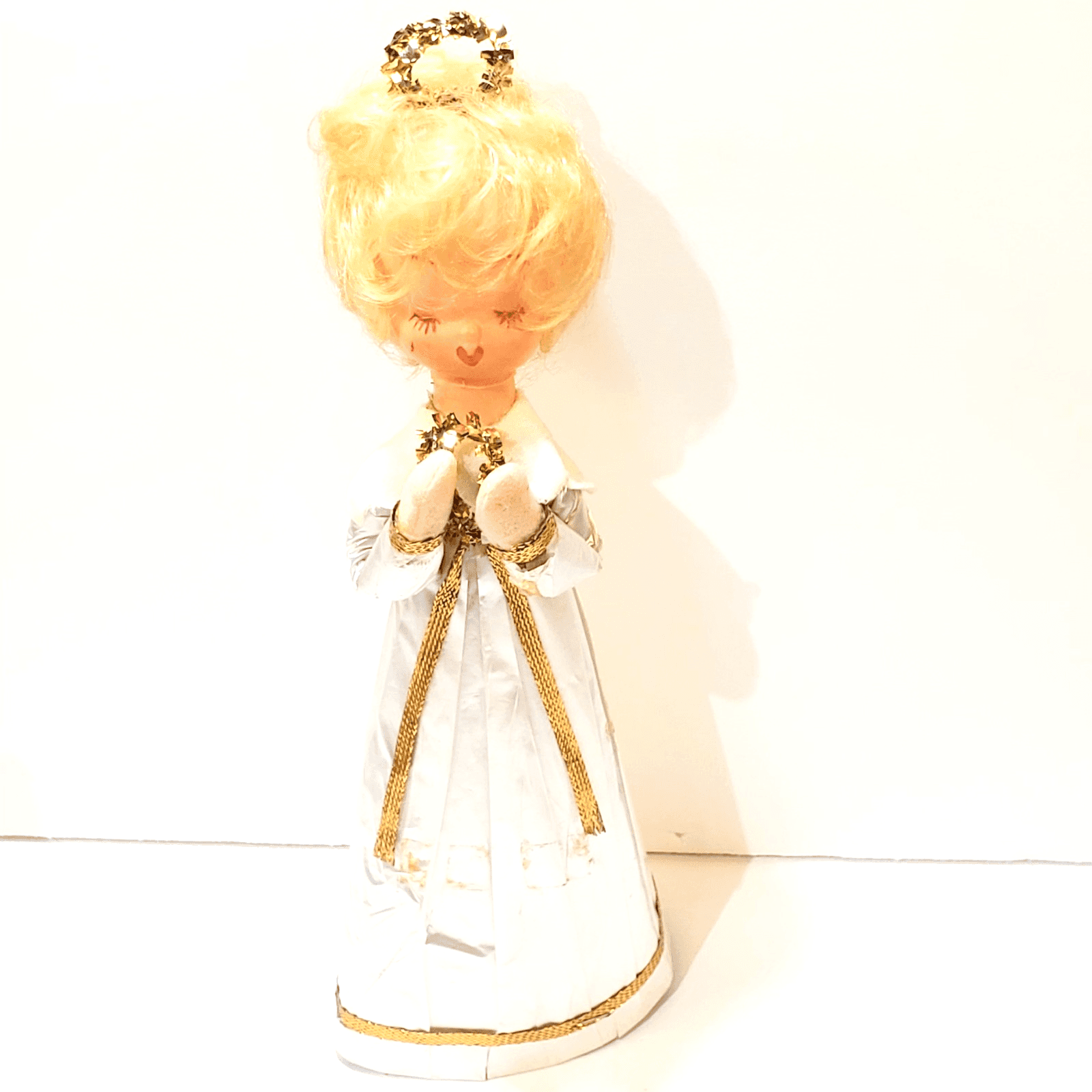 VTG Cardboard Angel w Wreath Christmas Tree Topper Rubber Face Foil Dress DAMAGE