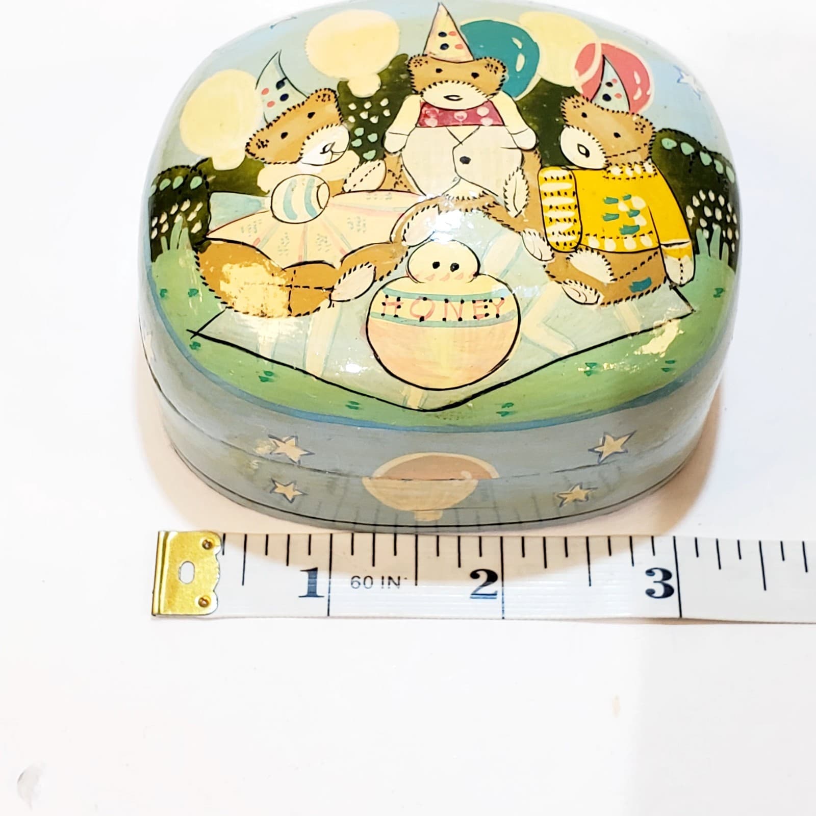 Vintage Paper Mache Trinket Box Small Bears Eating Honey Picnic 4" x 3" India - Thumbnail 6