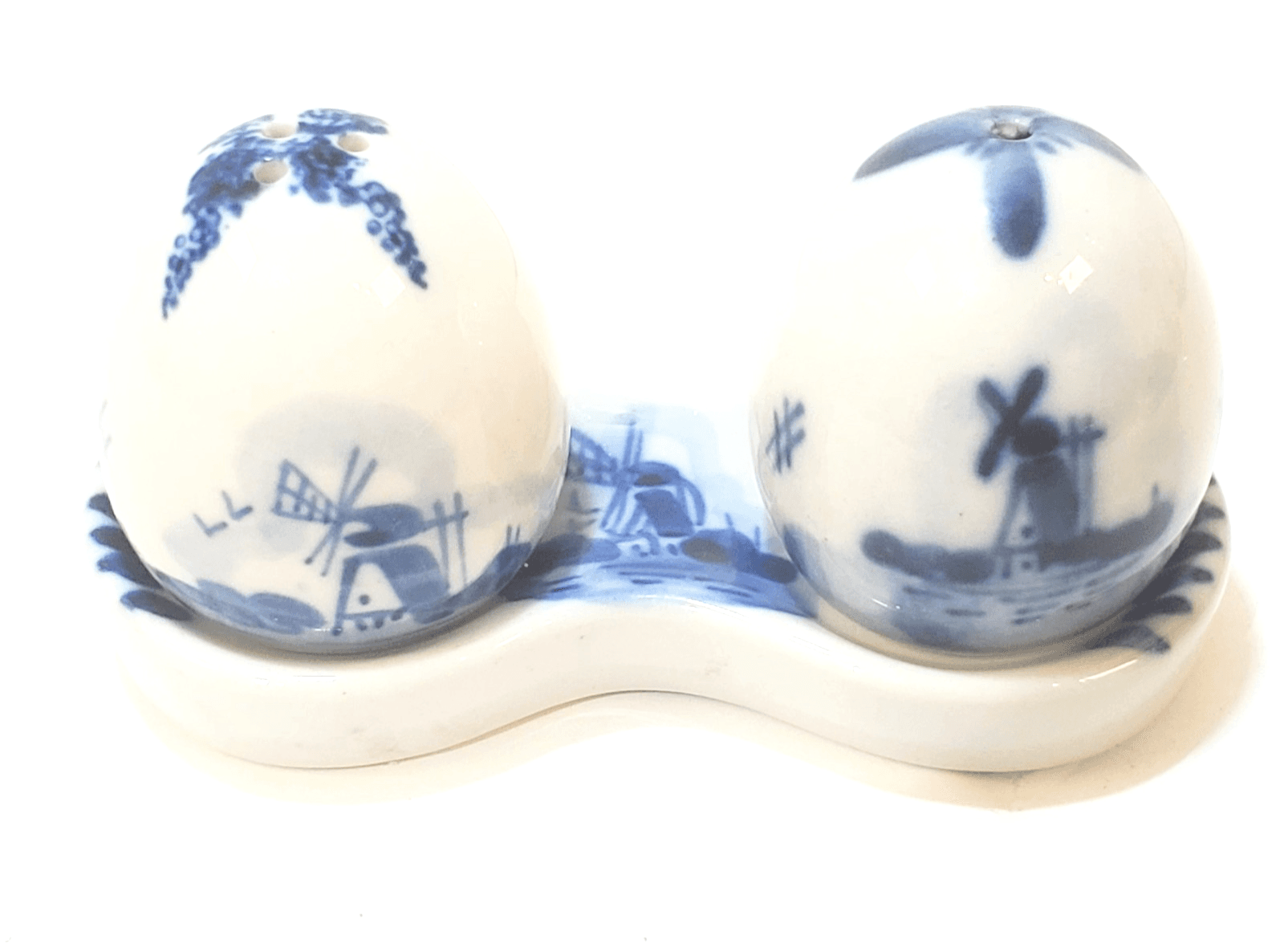 Vintage Delft Blue Hand Painted Salt & Pepper Shakers Windmills with Underplate