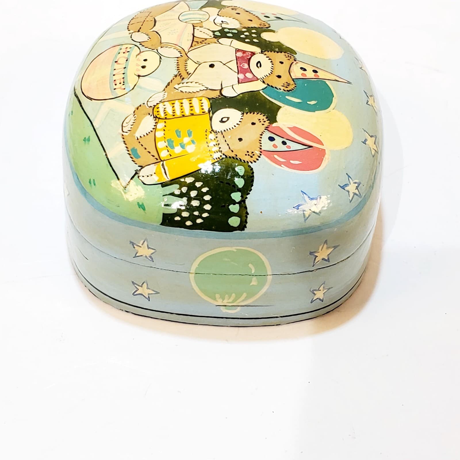 Vintage Paper Mache Trinket Box Small Bears Eating Honey Picnic 4" x 3" India - Thumbnail 12