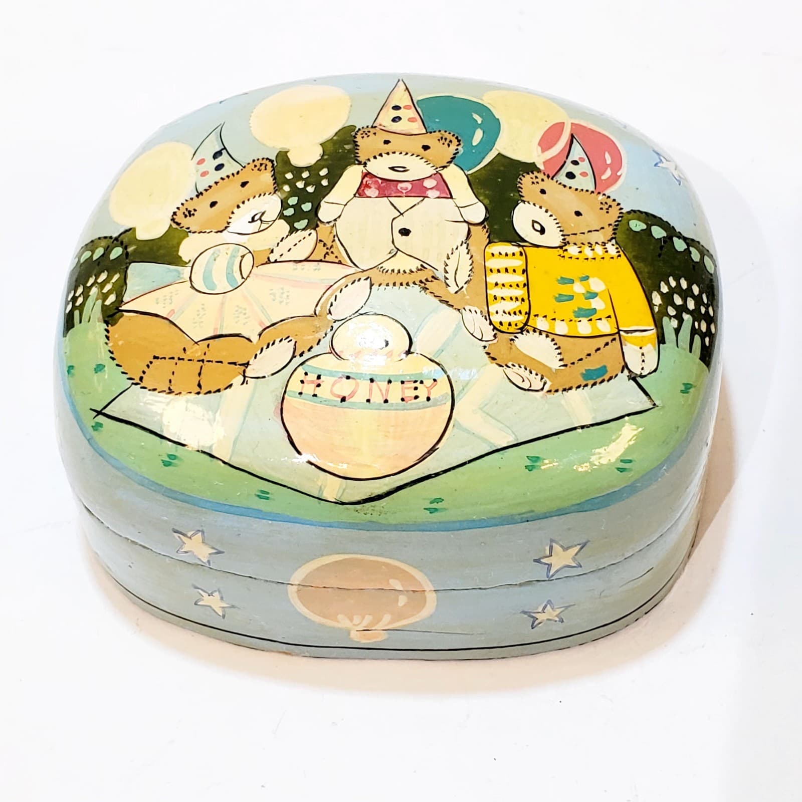 Vintage Paper Mache Trinket Box Small Bears Eating Honey Picnic 4" x 3" India - Thumbnail 2