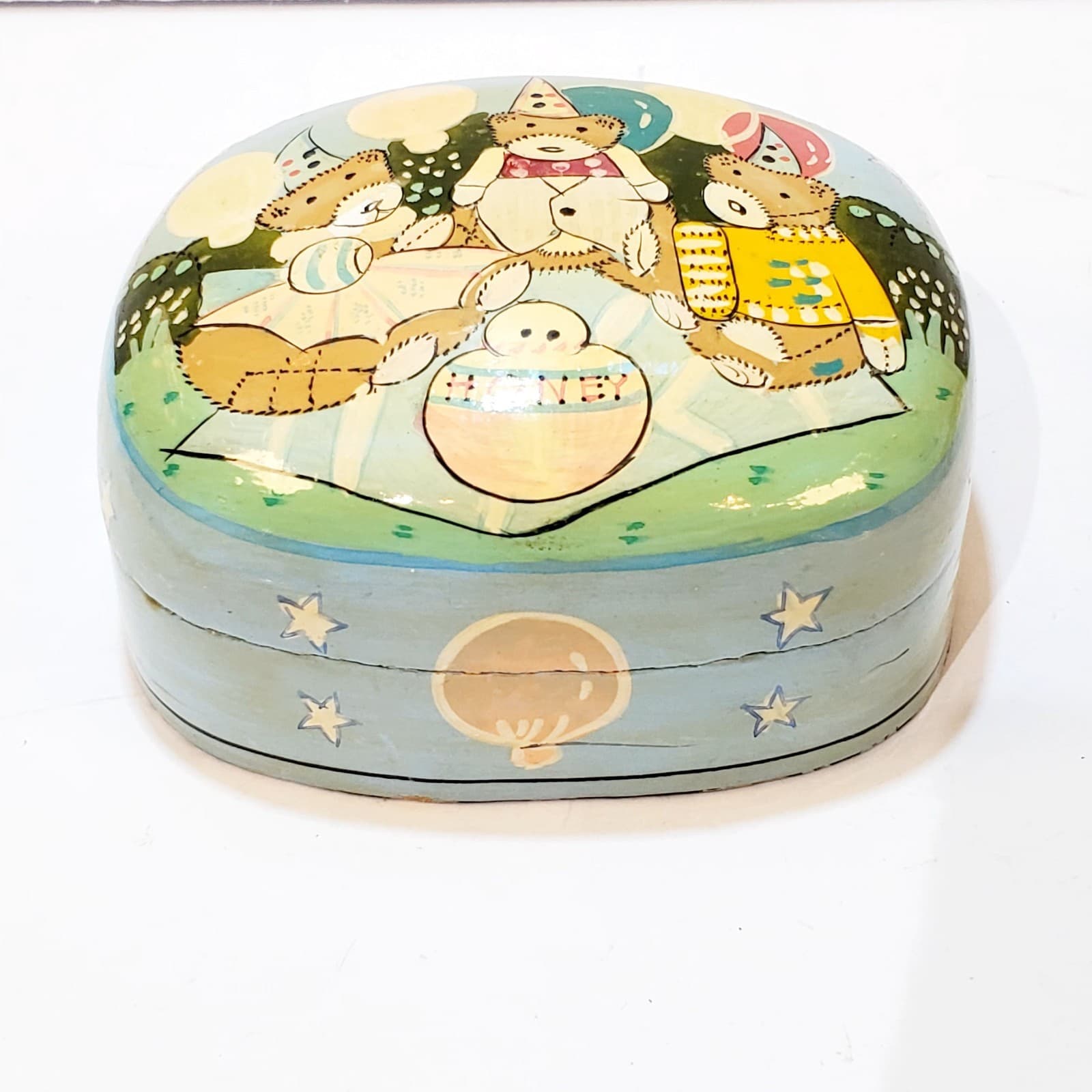 Vintage Paper Mache Trinket Box Small Bears Eating Honey Picnic 4" x 3" India - Thumbnail 9