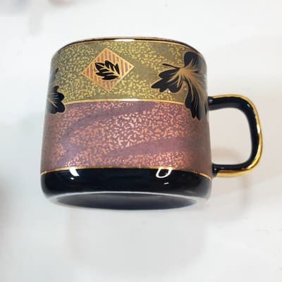 4 Vtg Alpine Cuisine Pink Gold w/Black Outlined Leaves Gold Trim Espresso Cups - Thumbnail 6