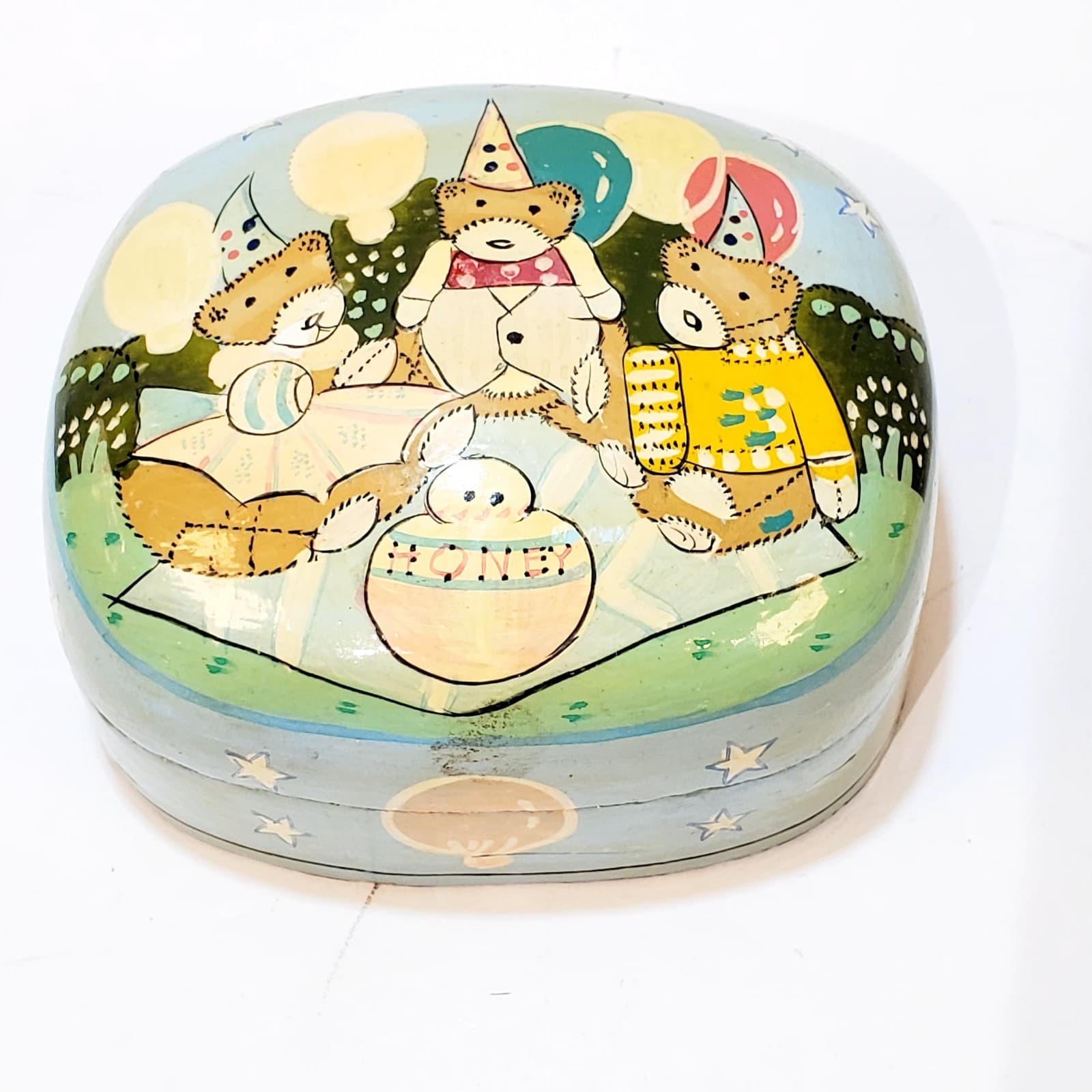 Vintage Paper Mache Trinket Box Small Bears Eating Honey Picnic 4" x 3" India