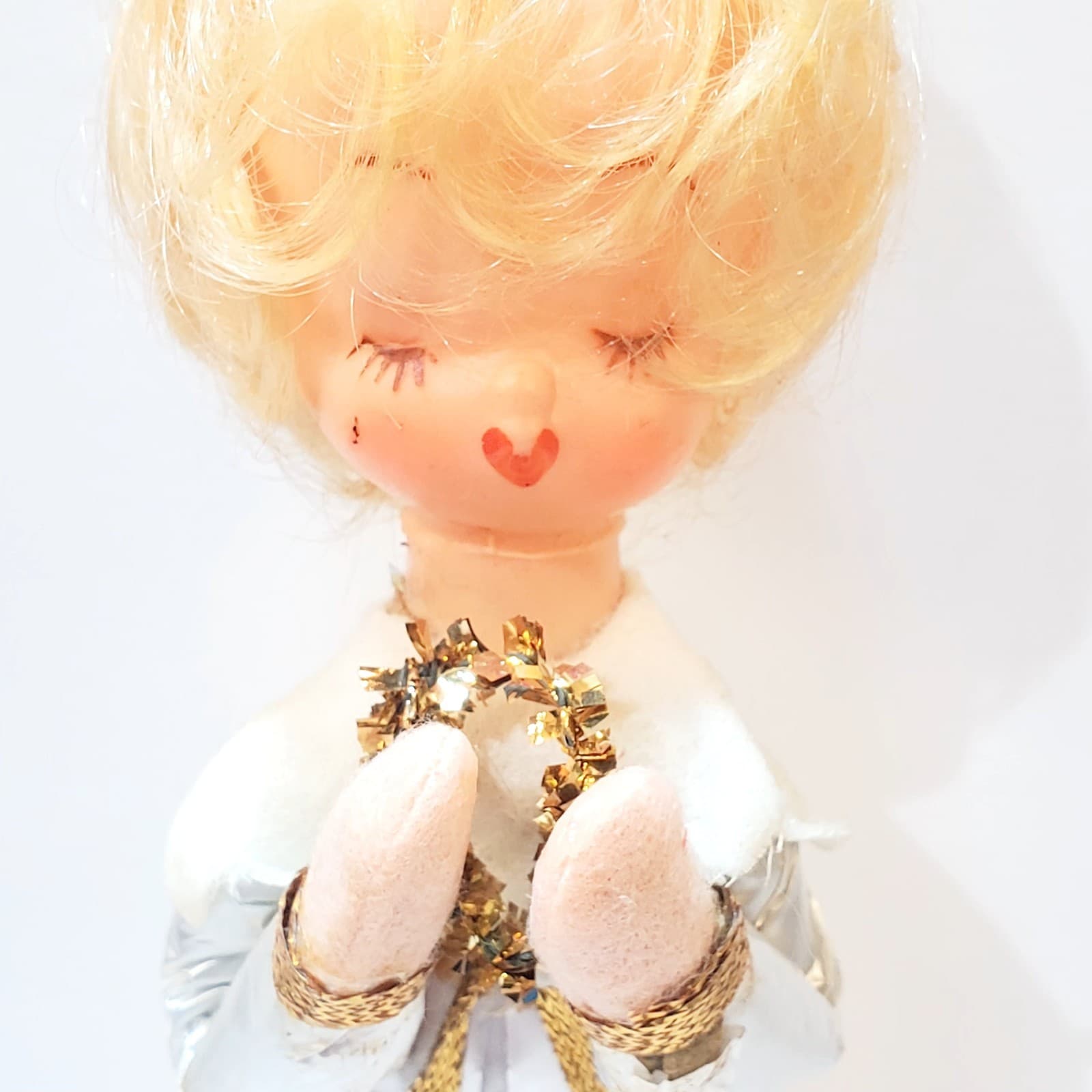 VTG Cardboard Angel w Wreath Christmas Tree Topper Rubber Face Foil Dress DAMAGE - Thumbnail 2