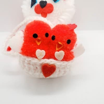 Vtg Lion & 2 birds in a Nest Christmas / Valentines Ornament Fuzzy Pom Pom Balls - Thumbnail 6