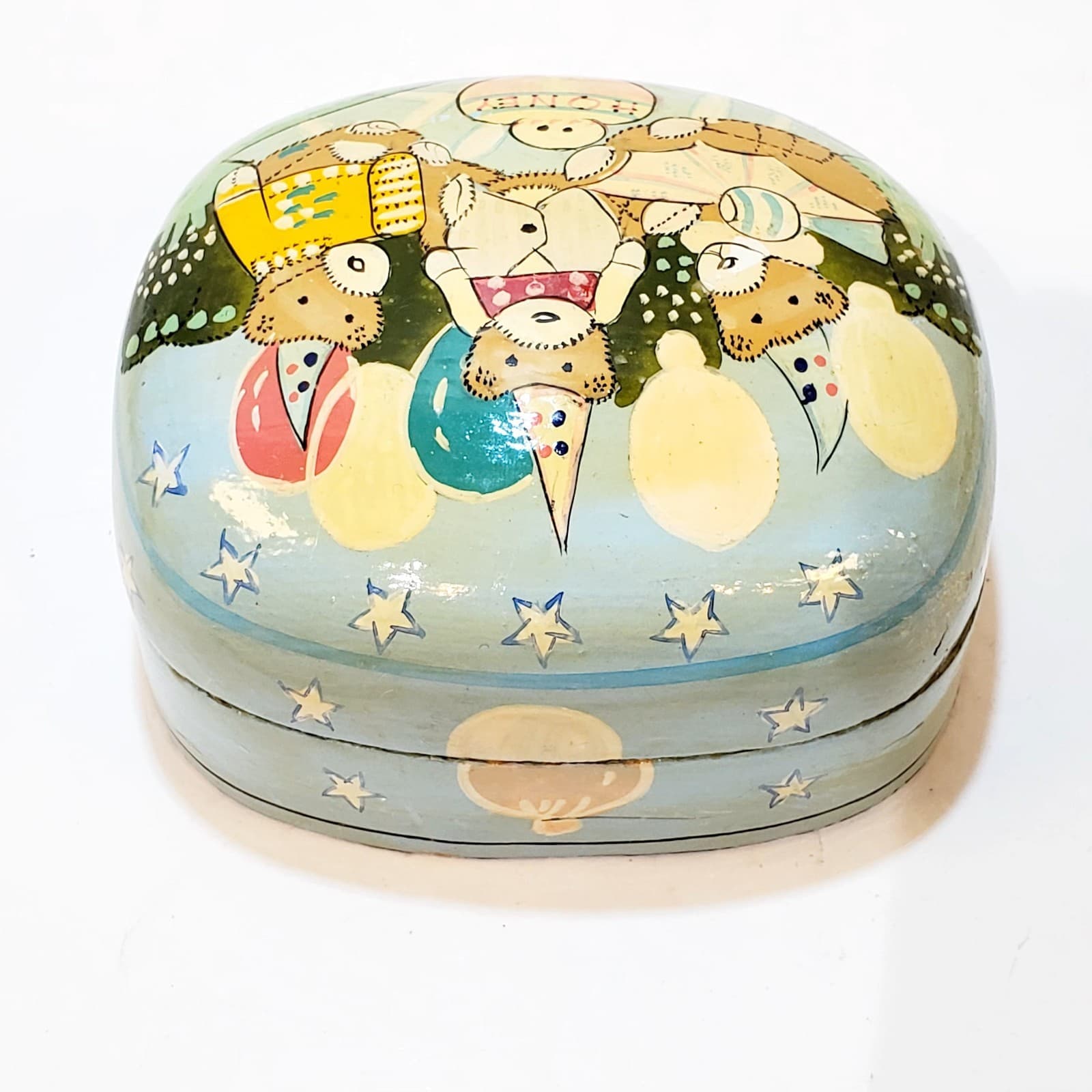 Vintage Paper Mache Trinket Box Small Bears Eating Honey Picnic 4" x 3" India - Thumbnail 8