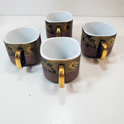 4 Vtg Alpine Cuisine Pink Gold w/Black Outlined Leaves Gold Trim Espresso Cups - Thumbnail 4