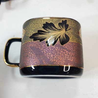 4 Vtg Alpine Cuisine Pink Gold w/Black Outlined Leaves Gold Trim Espresso Cups - Thumbnail 5