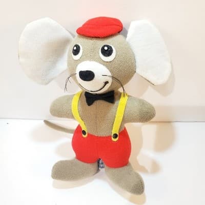 Vintage 1977 Dakin Dream Pets Gray Mouse Plush Red Hat Beret 7.5 inch