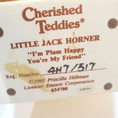 Vtg Cherished Teddies 1993 Little Jack Horner Figurine I'm Plum Happy Friend - Thumbnail 5