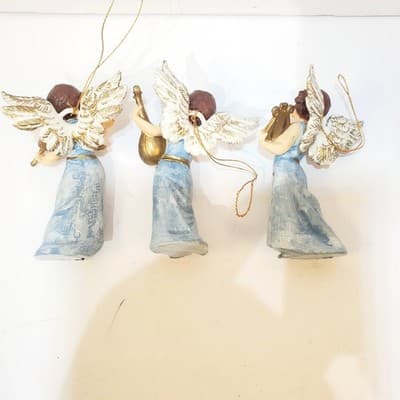Lot of 3 Vintage Christmas Angels Blue Dress Gold Instruments Plastic Ornaments - Thumbnail 7