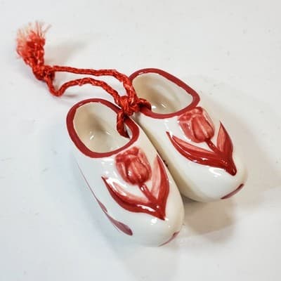 Vintage Pair of Mini Holland Bosman Pottery Shoe Clogs Red Tulips Art 2" Long